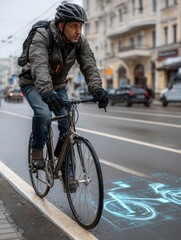 Cyclist Navigating Urban Street with Digital Bike Path Visualization