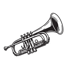 Naklejka premium Black and white line art illustration of a classical trumpet music instrument