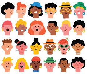 Diverse Collection of Flat Cartoon Character Heads for Design Projects