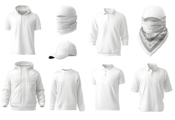 Blank white collection of men's clothing templates. T-shirt, hoodie, sweatshirt, short sleeve polo shirt, jacket bomber, head bandanas and cap, tank top, neck scarf and buff. Realistic vector mock up
