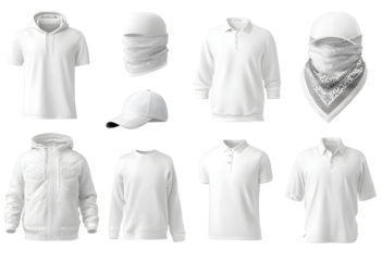Blank white collection of men's clothing templates. T-shirt, hoodie, sweatshirt, short sleeve polo shirt, jacket bomber, head bandanas and cap, tank top, neck scarf and buff. Realistic vector mock up