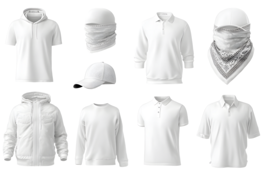 Blank white collection of men's clothing templates. T-shirt, hoodie, sweatshirt, short sleeve polo shirt, jacket bomber, head bandanas and cap, tank top, neck scarf and buff. Realistic vector mock up