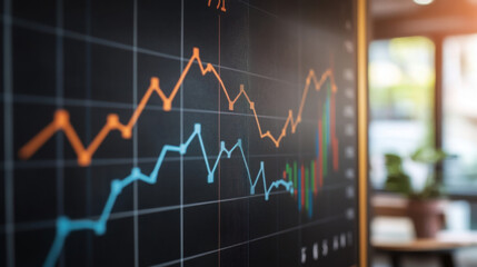 Close up of a screen showing financial graphs with orange and blue lines on a black background