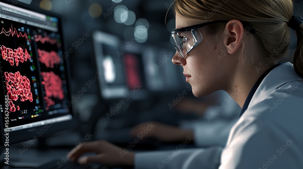 Poster a focused scientist analyzes data on a computer screen, showcasing detailed graphs and research visu
