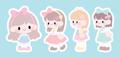 Obraz premium Cute Kawaii Girl Stickers Set Pastel Colors Digital Illustration