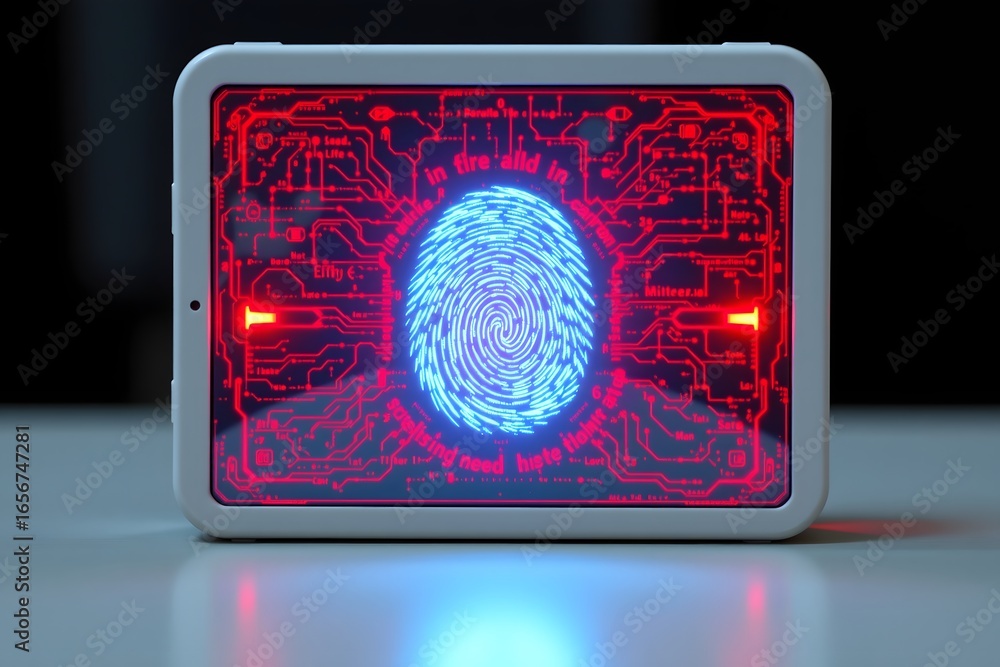 Poster digital fingerprint scan: a high-tech, glowing display showcases a digital fingerprint scan, emphasi