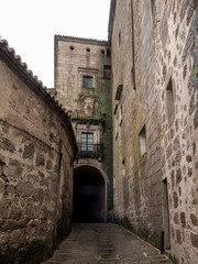 Fototapeta premium Narrow cobblestone alley leading to palace in trujillo, spain