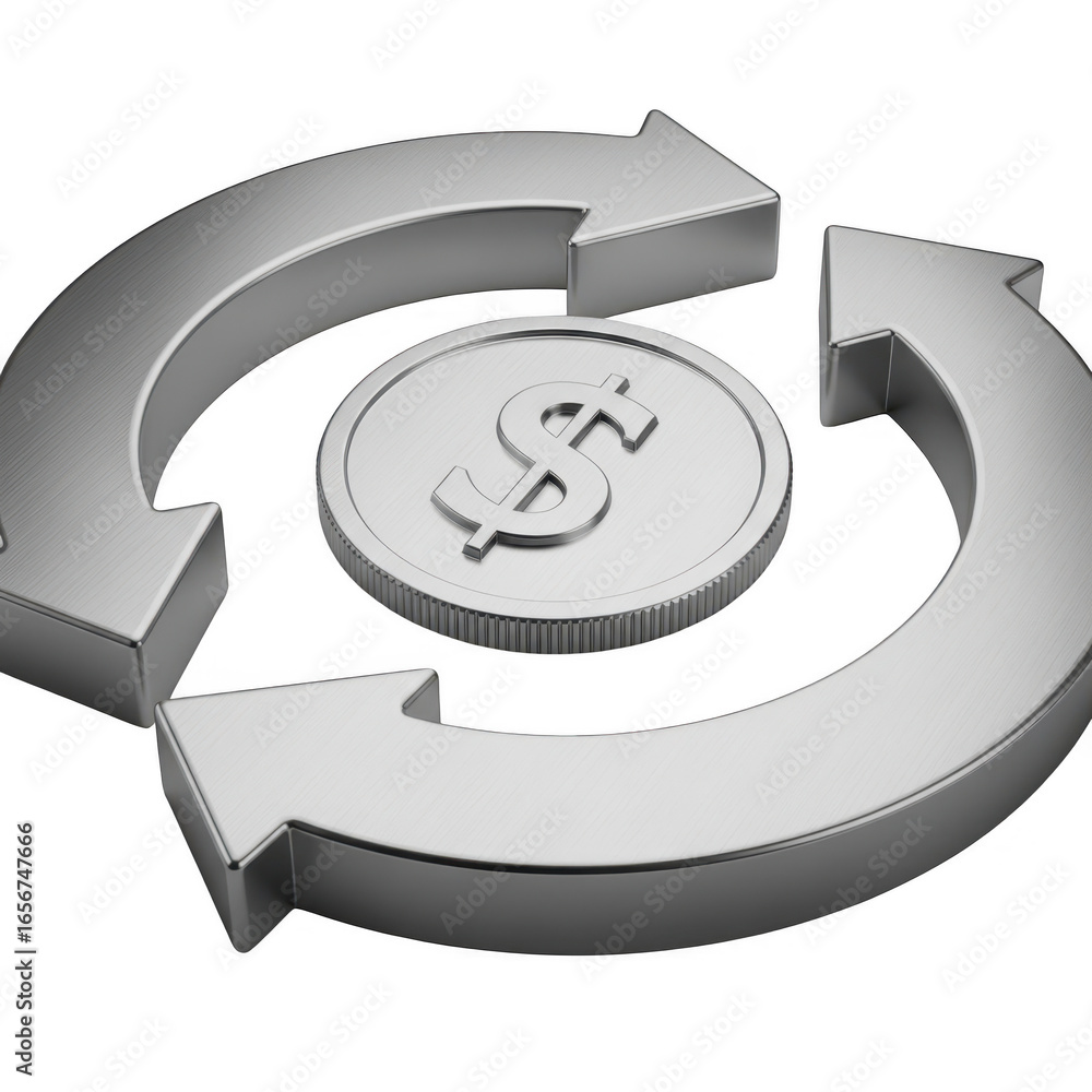 Poster silver coin with dollar sign and circular arrows isolated on transparent background
