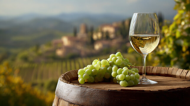 Refreshing white wine in glass with green grapes on wooden barrel overlooking beautiful Tuscan vineyard landscape a delightful taste of Italy