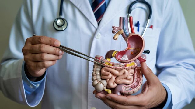 Doctor demonstrating human digestive system anatomy with medical model of stomach and intestines.