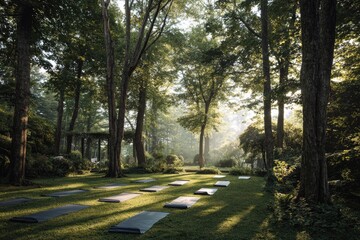 Fototapeta premium Peaceful yoga space in a lush forest