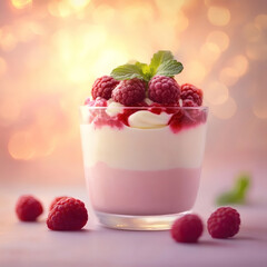 White chocolate raspberry mousse in pastel glass with fresh berries