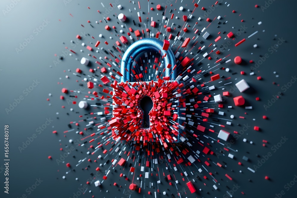 Poster cybersecurity breach: a striking conceptual image of a shattered lock, conveying the disruption and 