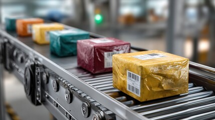 Colorful Packages Moving on Conveyor Belt in Warehouse Facility