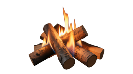Glowing campfire with vibrant flames and burning logs, perfect for cozy outdoor scenes and warmth