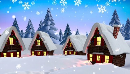 A winter wonderland scene depicts a charming collection of cozy, snow-covered homes, adorned with twinkling holiday lights, nestled within a pine forest.