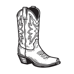 Detailed black and white illustration of a classic cowboy western style leather boot