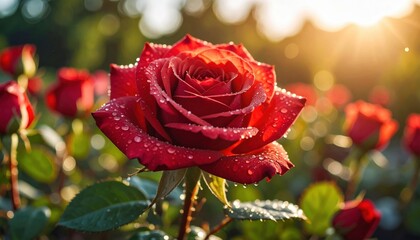 A close-up captures a radiant red rose, its velvety petals adorned with delicate water droplets, bathed in the warm glow of the sunlight.