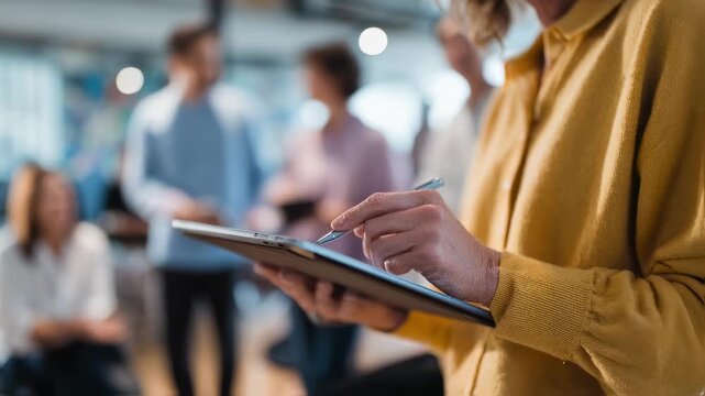 Medium shot of a training session where a copy editor highlights inclusive language tips on a tablet surrounded by a softly blurred team environment emphasizing collaborative
