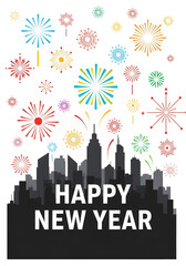 Fototapeta premium Happy New Year City Skyline Colorful Fireworks Festive Urban Celebration Illustration