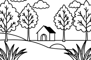 Haus und Bäume auf einem Hügel – druckbare Landschaftsszene