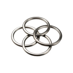 Intertwined metallic rings.  A detailed view of four interlocking rings, appearing to be made of polished stainless steel.  Their smooth surfaces and precise interlocking create a symmetrical design