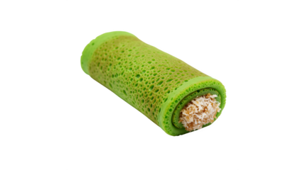 Sweet coconut pancake with selective focus, set against a white background. A traditional dessert from Malaysia and Indonesia. Known as Nyonya pancake roll. Also referred to as Kuih ketayap 