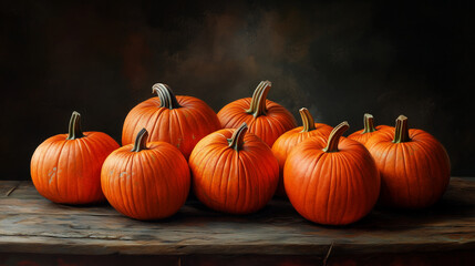 Arrangement of fresh orange pumpkins on a rustic wooden table with dark background
