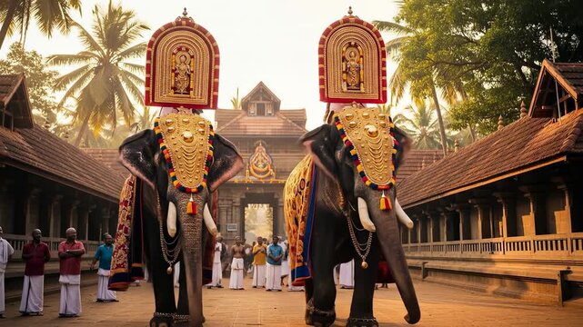 Majestic elephants in ornate ceremonial dress walk towards a temple entrance, celebrating a vibrant cultural festival with onlookers present.