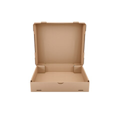 Isolated open brown corrugated cardboard pizza box for food packaging and delivery