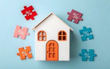 House and puzzles of interest and initial mortgage payments. Discounts and installments. Home financing, interest rates, mortgage down payments, and real estate discounts