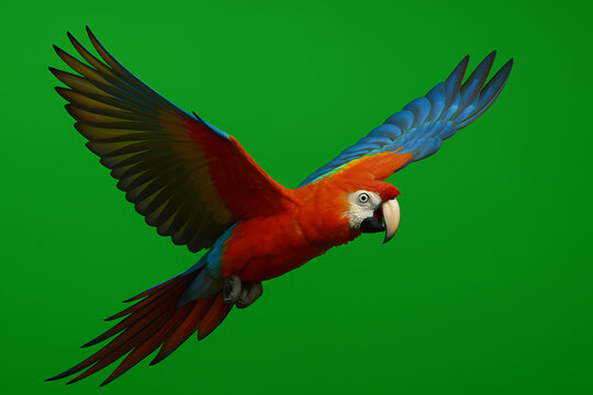 Scarlet Macaw in Flight with Green Screen. (2)