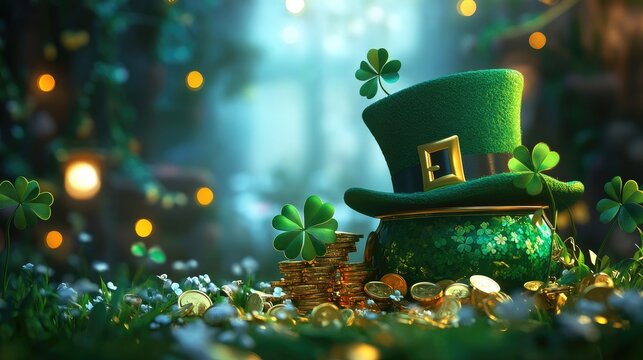 Magical st patricks day leprechaun hat and clover in enchanted forest with bokeh lights - Powered by Adobe