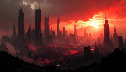 A dramatic cityscape shrouded in an apocalyptic, fiery red sky, evoking a sense of chaos and impending doom.