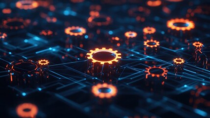 Neon network of connected gears floating in dark void, symbolizing AI driven business automation.