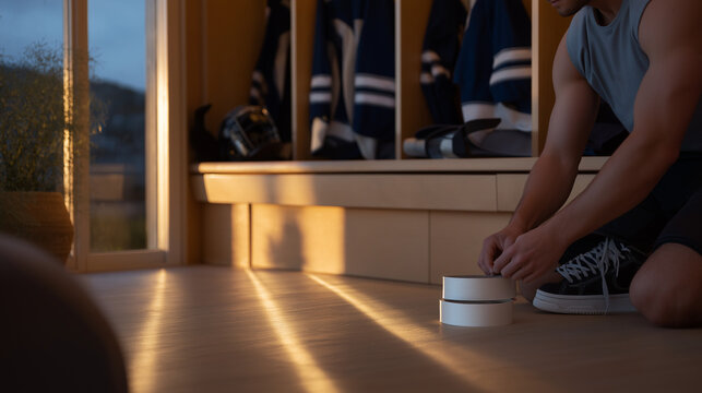 A player taping a stick in a cozy locker room setting - Powered by Adobe