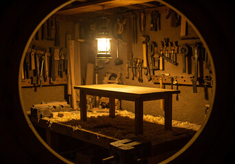 Wooden table sits in dimly lit workshop surrounded by tools hanging on the wall, creating a warm and inviting atmosphere for woodworking projects.