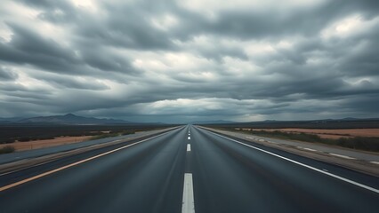 Fototapeta premium Moody overcast sky over an expansive empty roadway with atmospheric depth.