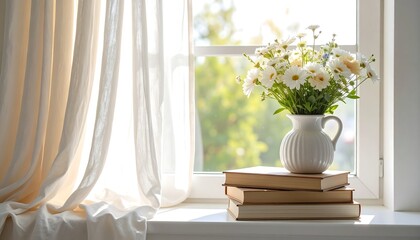 Sunny Window with Flowers, and Books.