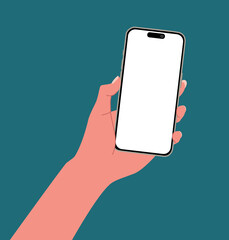 A hand using a smartphone with blank screen isolated on background Flat vector illustration. People chat, business time, using mobile apps, Contactless pay. Fingers touching, tapping, scrolling.
