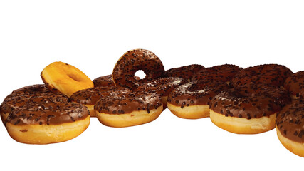 Close up photo image shot chocolate frosted donuts on white background display in bakery ultra high...