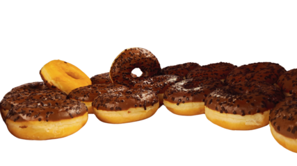 Close up photo image shot chocolate frosted donuts on white background display in bakery ultra high quality resolution 8k wallpaper background tasty food perfect for campaigns 