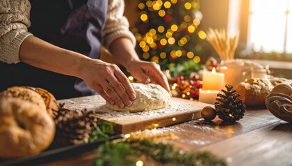 A person carefully kneads dough on a wooden board amidst a festive holiday setting, surrounded by seasonal decorations and soft candlelight.