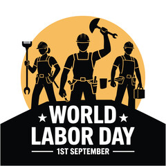 Obraz premium Silhouette of workers with tools celebrating world labor day isolated on white background