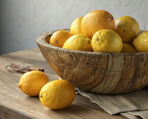 Illustration of lemons and oranges in a wooden bowl