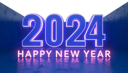 Vibrant neon 2024 greeting, glowing in a modern, blue-toned environment.