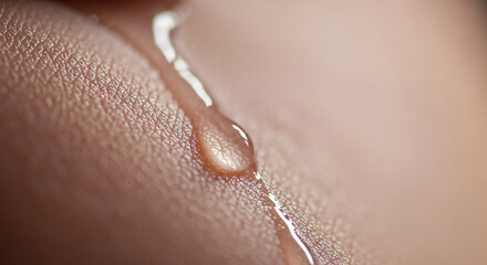 Fototapeta premium Extreme close-up of a clear water droplet running down textured human skin.