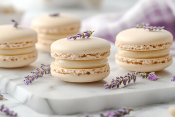 Fototapeta premium Earl grey macarons with lavender dust on marble slab