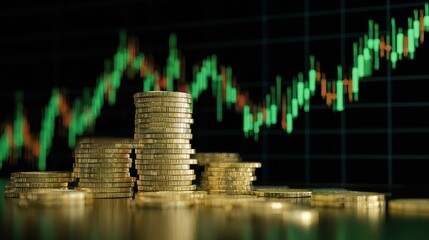 Stock market chart with rising green candlestick graph on digital screen, golden coins stacked in foreground, financial investment and trading concept, isolated on white background with copy space.