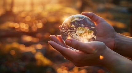 International Day for the Preservation of the Ozone Layer. diverse hands holding a transparent glass sphere containing a miniature Earth with visible atmosphere, golden hour lighting